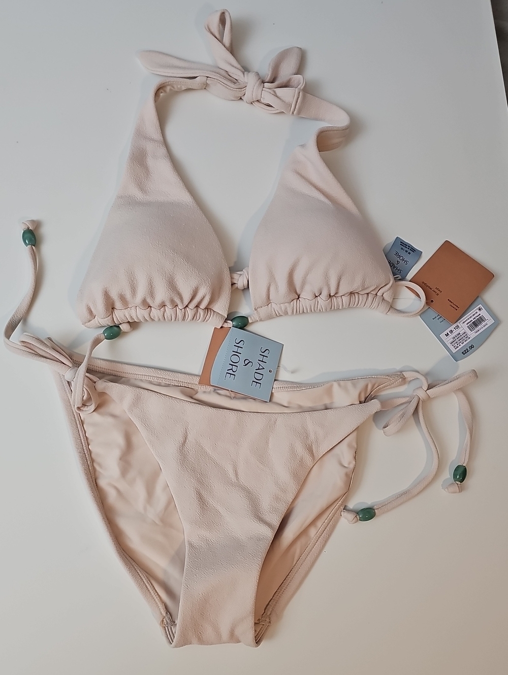 Shade & Shore Women's M Crepe Cream Tie-Side Bikini Set with Green Bead Accents